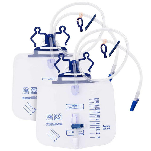 2 Pack 2000ml Leak Proof Urinary Drainage Bags Overnight Anti Reflux Catheter Bags with 48” Drainage Tube and Cross-Shaped Drainage Valve