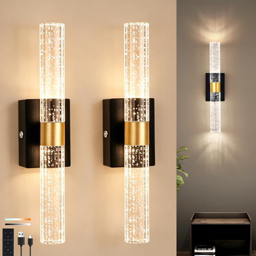 Amansour Battery Operated Wall Sconces Set of 2,20000mAh Black Rechargeable Wall Lights with Remote,3 CCT Dimmable Wireless Wall Lamp for Bedroom Living Room,Black,15.6 Inch