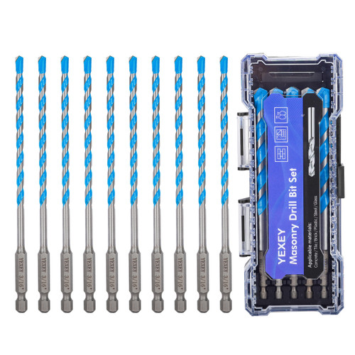 YEXEY 10PCS 3/16" Masonry Concrete Drill Bit Set,Tungsten Carbide Drill Bit Tip,Hex Shank Drill Bits Set for Tile,Brick,Marble,Plastic,Cement,Wood,Glass etc.