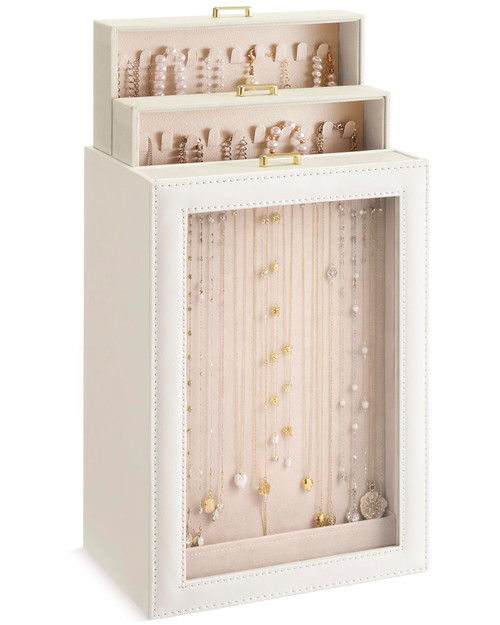 Huquary 3 Layer Vertical Necklace Organizer Box 12.6" x 7.9" x 5", Beige