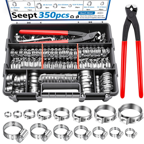 Seept 350Pcs 5.3-51mm Single Ear Hose Clamps with Worm Gear Hose Clamps Assortment Kit Pack in Handheld Box for Auto/Home Appliance/Pipe/Fuel Line