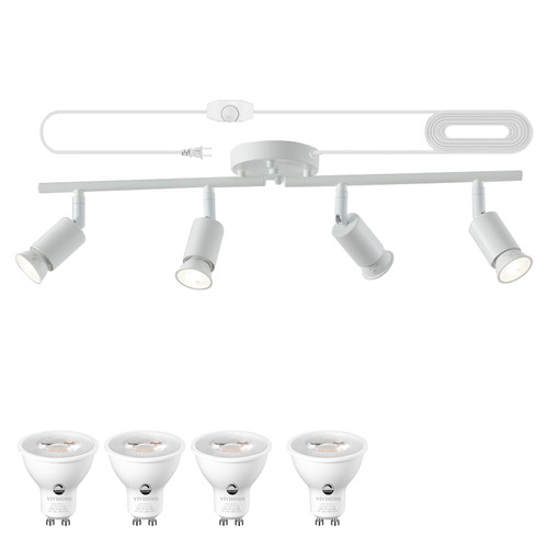 vivihobb Dimmable Plug in Track Lighting,Plug in Ceiling Light Fixture,White 4 Light Track Light with 16.4' Long Cord,Dimming Switch,4 Way Ceiling Spotlight,Rotatable,LED Bulbs Included