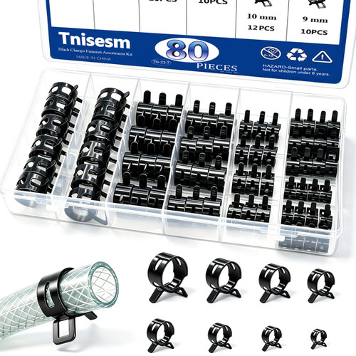 Tnisesm 80Pcs Spring Band Hose Clamps Assortment Kits Silicone Vacuum Hose Pipe Clamp 7mm 9mm 10mm 11mm 14mm 15mm 16mm 18mm Low Pressure Air Clip Clamp(Black)