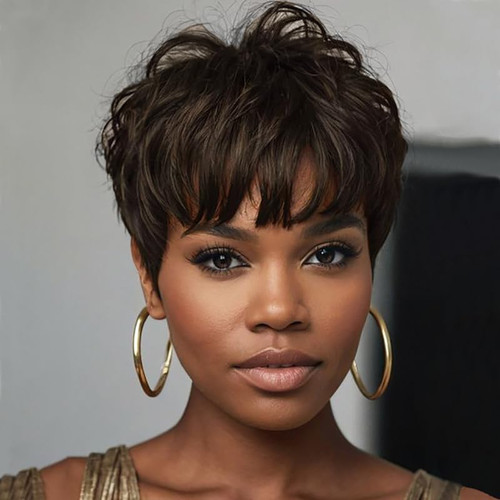 Short Pixie Cut Wig with Bangs, Layered Wavy Style, Black, Blue, and Brown Synthetic Hair Wigs For Women Cosplay hair 8 Color Options (Brown)