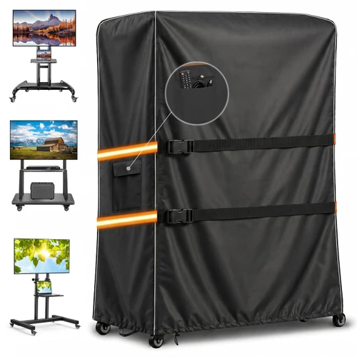 Outdoor TV Trolley Cover for 70-75 Inch Screen, Heavy Duty 600D Waterproof Rolling TV Stand Cover, Weatherproof Mobile TV Cart on Wheels Protector with Remote Pocket, Black 70"x15"x57"
