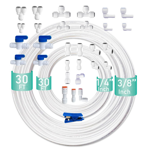 ESHIONG NSF Certified 1/4" & 3/8"O.D. Water Line Tubing and Push to Connect Fittings for RO (Reverse Osmosis) Water Filter 30 pcs+30 feet 1/4" tubing+30 feet 3/8" tubing.