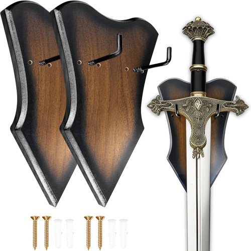 FLURSAILE Sword Plaque Wall Mount Vertical Display Holder Adjustable Stand for Bow Medieval Dagger Axe (2pcs Medium Brown)