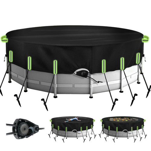 ZAUNFOOY 24 Ft Round Pool Cover with Reflective Strips Quick Tightening Ratchet UV Resistant One-Piece Oxford Cloth for Above Ground Swimming Pools, Tear Resistant Windproof