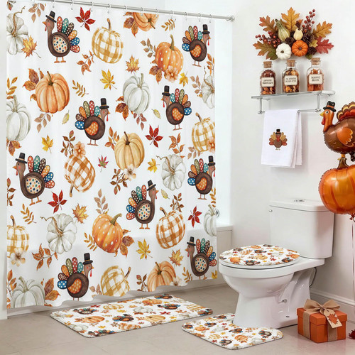 Lindameler 4pcs Fall Thanksgiving Shower Curtain Set Autumn Harvest Pumpkins Turkey Shower Curtain with Non-Slip Washable Bath Rugs, Toilet Lid Cover for Thanksgiving Bathroom Decor Accessory