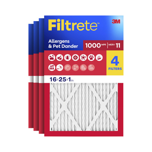Filtrete 16x25x1 Air Filter, MERV 11, MPR 1000, Allergens & Pet Dander, 3-Month AC and Furnace Filters, Cleaner Air, Reliable Airflow, 4 HVAC Filters (Actual Size 15.68 x 24.68 x 0.81 in)