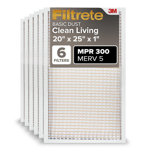 Filtrete 20x25x1 Air Filter MERV 5, 6-Pack AC Furnace HVAC Filters for Home, MPR 300 Basic Dust Defense, Pleated Electrostatic Removes Lint & Dust (Actual Size 19.69x24.69x0.81 in)