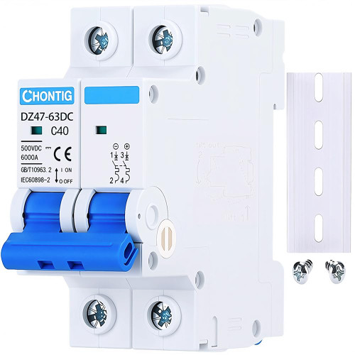 CHONTIG 40 Amp Miniature DC Circuit Breaker 500V 2 Pole, Solar PV Disconnect Switch with Thermal Magnetic Trip, DIN Rail Mount Isolator C40