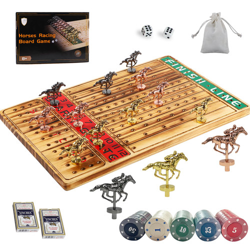 Horse Racing Game with Cards and Dice Horse Race Board Game Thickened Solid Wood Finish Line with 11 Metal Horses with 2 Sets of Dice,2 Boxes of Cards and 100 Poker Chips for Parties Gambling