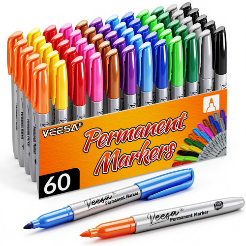 VEESA Permanent Markers Set of 60 Pack, 12 Assorted Colors, Fine Point