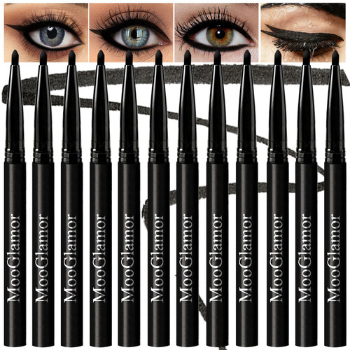 MooGlamor 12 Pack Black Gel Eyeliner Pencil Waterproof Retractable Eyeliner