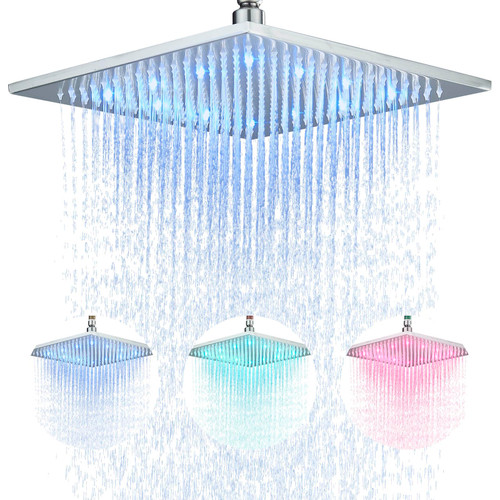 NeierThodore 12" LED Square Rainfall Shower Head Brushed Nickel Top Sprayer Shower Head Wall/Ceiling Mounted