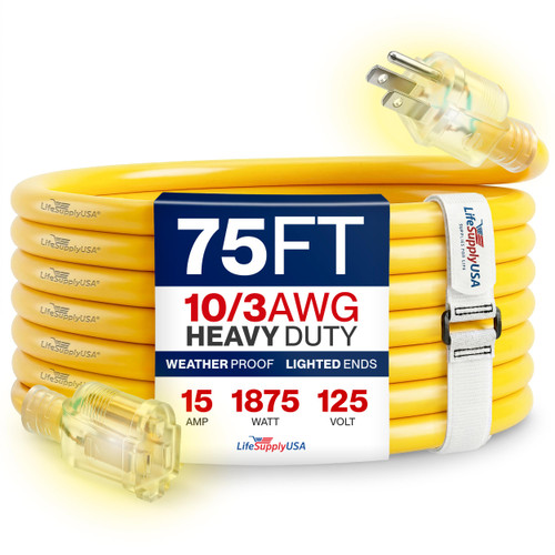 75ft Outdoor/Indoor Extension Cord 10/3 Gauge Ultra Heavy Duty 3 Prong SJTW, Waterproof, Flexible Cold-Resistant Long Power Cord,15A 125V 1875W, Yellow by LifeSupplyUSA