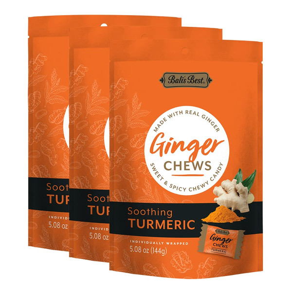Bali's Best Ginger Chews, Soothing Turmeric Flavor, 5.08 Oz (Pack of 3), Individually Wrapped Soft Candy, Made with 100% Real Ginger, Digestive Health Support, Upset Stomach Relief, Halal