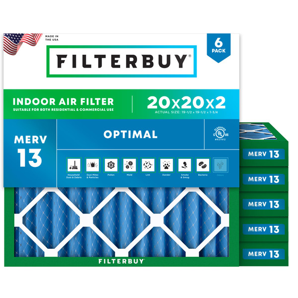 Filterbuy 20x20x2 Air Filter MERV 13 Smoke & Allergy Defense (6-Pack)