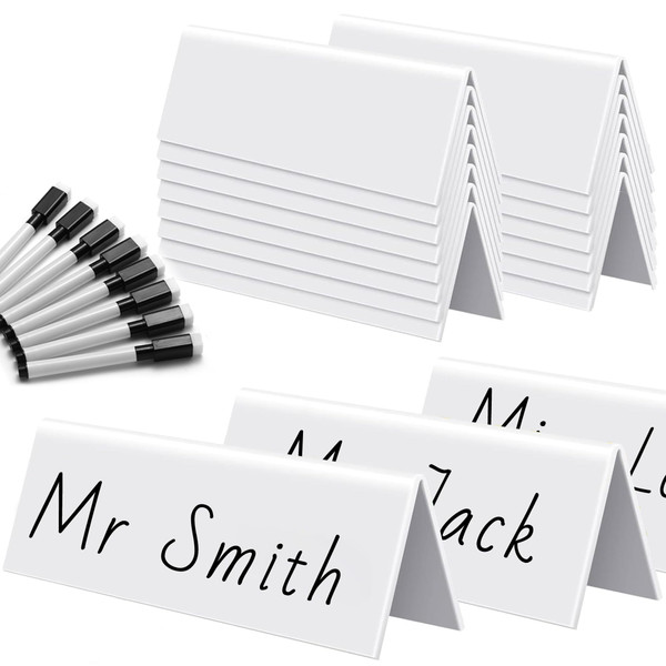 Acrylic Dry Erase Name Tent Cards, 15 Sets Reusable White Name Plates with Black Markers, 8.7 x 2.8 x 1.9 Inches Wipe Clean Desk Tags for Classroom, Office, Conference, Wedding