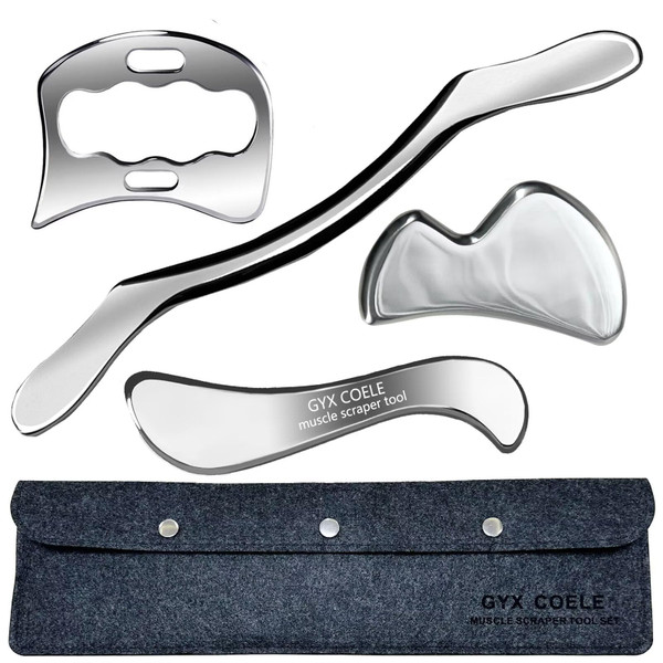 GYX COELE 4 in 1 Professional Stainless Steel Muscle Scraper Tool Set, IASTM Therapy Tools with Storage Pouch, Physical Therapy and Soft Tissue Massage Tools