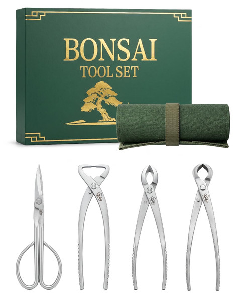 Bonsai Tool Kit 4PCS with Tool Roll Bag & Luxury Gift Box, Bonsai Tools Set