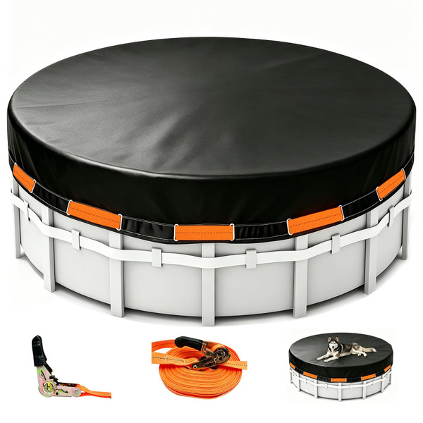 15 FT Round Pool Cover, Heavy Duty PE, Waterproof with Ratchet Straps and Wide Flat Webbing, Year-Round Protection