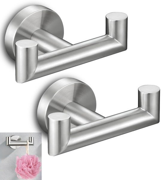 ULVEOL Set of 2 Double Brushed Nickel Towel Holder for Bathrooms - Stainless Steel Cup Hooks for Shower - Towel Holder Shower Hooks for Inside - Stylish Bath Hook