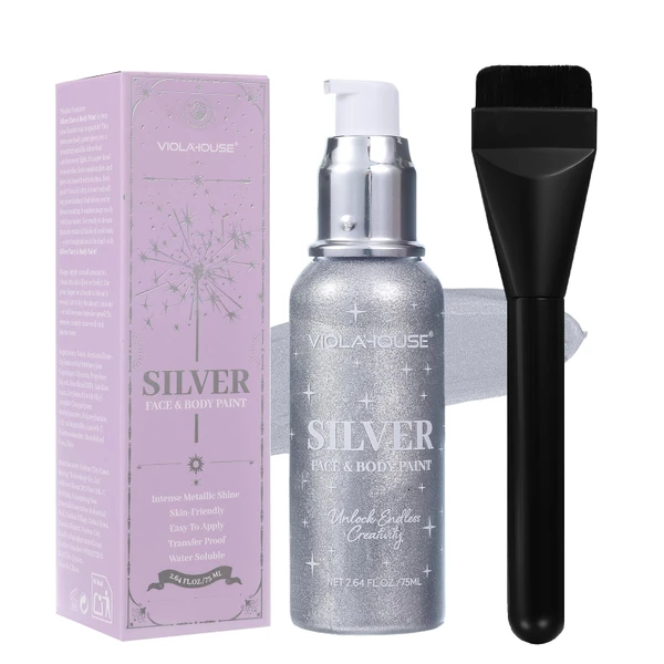 viola house Silver Face Body Paint, Washable, Long-Lasting Highly Pigmented, Water Based Full Body Paint, for Halloween Carnival Stage SFX Special Effects Cosplay Makeup 2.64Fl.Oz/75 Ml (Silver)