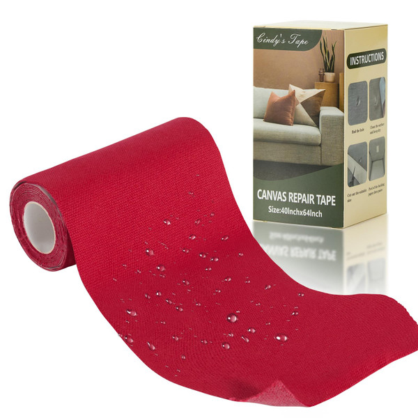 Linen Canvas Repair Tape, 4 x 63 in Red Waterproof Self-Adhesive Patch for Outdoor Gear, Durable and Weatherproof Fabric Tape for Boat Covers, Tents, Sofas, Sun Shades, Awnings and Lounge Chairs