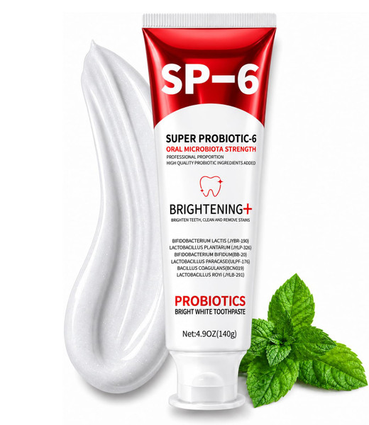 SP-6 Probiotic Whitening Toothpaste - Enhanced Formula with 6 Probiotics for Teeth Whitening and Gum Health - Enamel-Safe, Fluoride-Free, Fresh Mint Flavor, 4.9Oz (1)