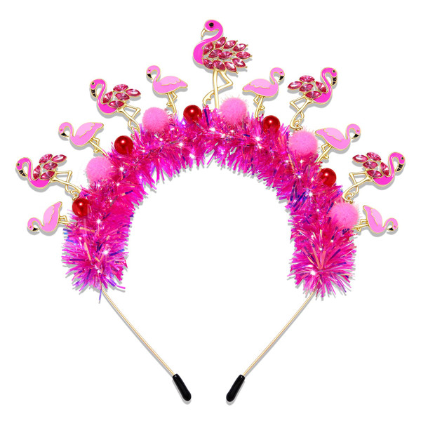 HSWE Flamingo Headband for Women Glitter Rhinestone Tinsel Pink Flamingo Hairband Hawaii Tropical Bird Animal Headpiece Fun Summer Beach Holiday Party Hair Accessories Gift