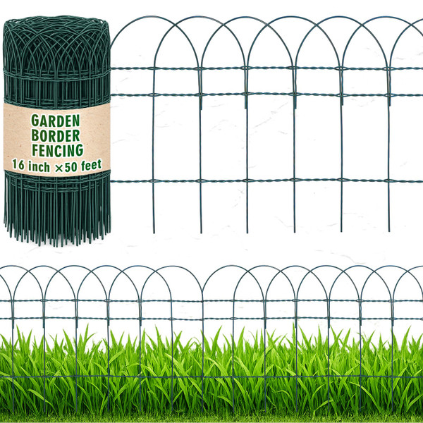 Roowest 16" x 50' Green Garden Border Fence, Metal Wire Folding Fence Roll for Outdoor Yard, Patio & Flower Bed Edging, No-dig Animal Barrier, Rustproof Decorative Landscape Fencing