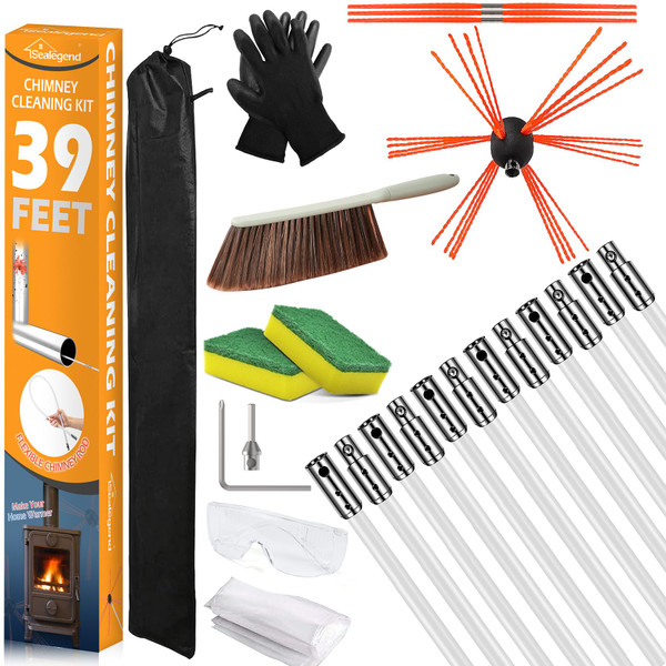Sealegend 39 Feet Chimney Sweep Kit 12 Flexible Rods for Fireplace Cleaning
