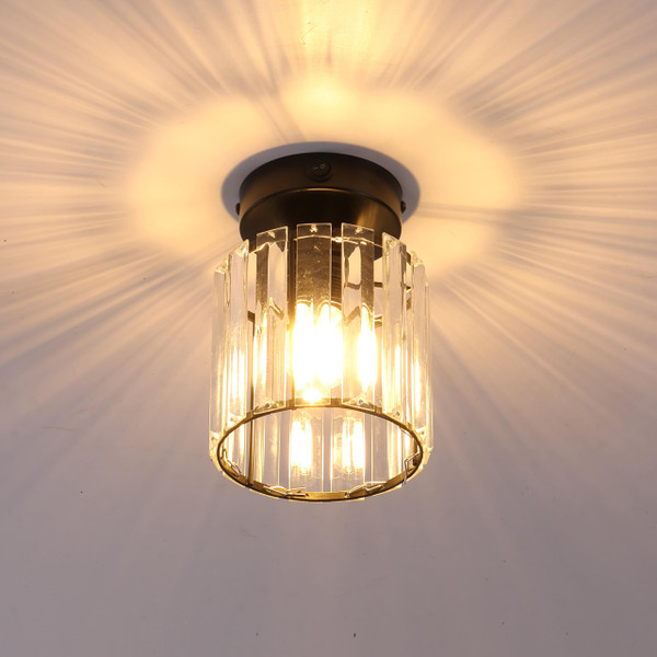 Volcode 12V RV Pendant Ceiling Light (Bulb Included), 12V RV Interior Light Fixture with On&Off Switch, 12Volt Semi-Flush Mount Ceiling Fixture with Metal Cage and Crystal Shade for Motorhome Camper