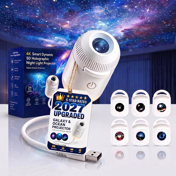 2027 Upgraded Galaxy & Ocean Projector, Plug and Play Hd Star Projector, 360° Adjustable Hd Smart Dynamic 5D Holographic Night Light Projector for Bedroom Ceiling (6 Projection Films)
