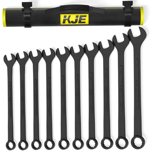 KJE 10-Piece SAE Black-Oxide Jumbo Combination Wrench Set, Open-End large Wrench, big Wrench Set, SAE Sizes 1-5/16" - 2" for Large Vehicles