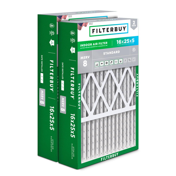 Filterbuy 16x25x5 Air Filter MERV 8 Dust & Allergy Defense (2-Pack)
