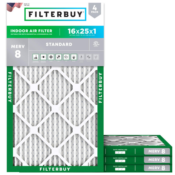 Filterbuy 16x25x1 Air Filter MERV 8 Dust & Allergy Defense (4-Pack)