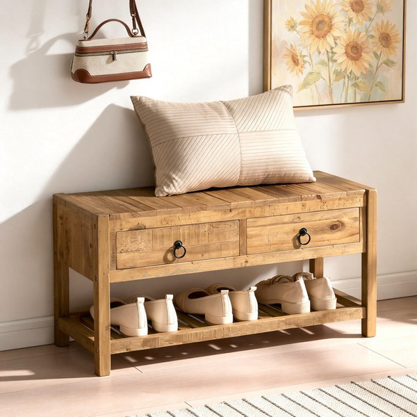Wnutrees 31.3" Reclaimed Solid Wood Entryway Bench with 2 Drawers & Shelf