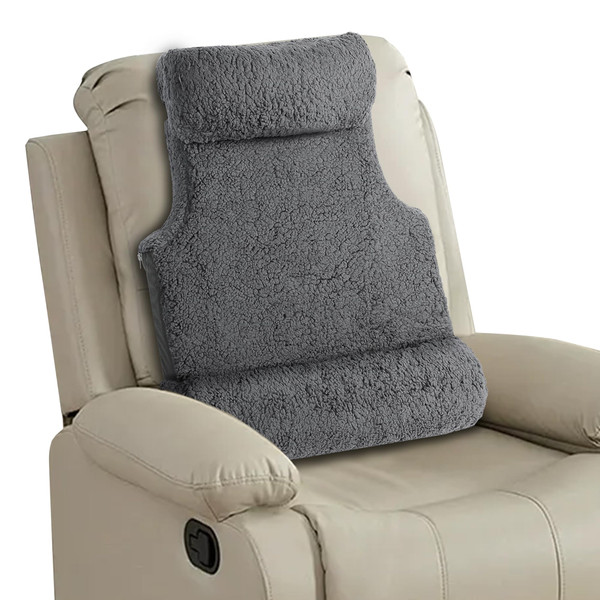 Gyrucio 3-in-1 Lumbar Support Pillow with Headrest for Recliner, Memory Foam Back Cushion Set with Adjustable Side Bolster for Targeted Lower Back Pain Relief, Plush Sherpa Fleece Cover, Grey
