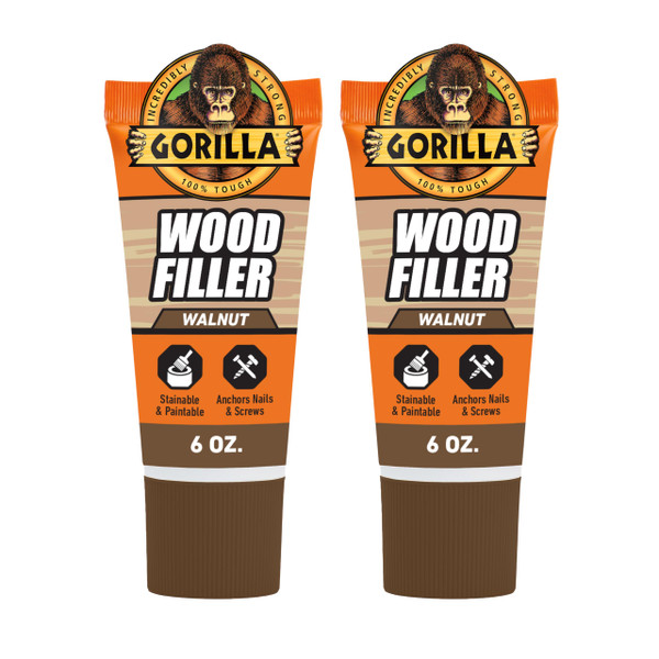 Gorilla Wood Filler, Walnut Color, Water Resistant, 6 oz Tube, 2-Pack