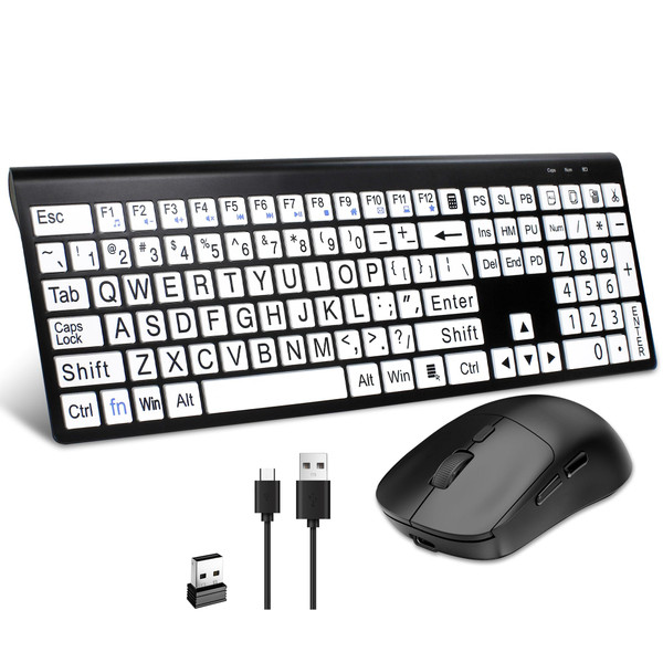 Full Size Wireless Large Print Keyboard and Mouse Set Rechargeable | Quiet Scissor Switch | for Seniors and Visually Impaired Low Vision Individuals-White