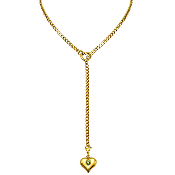 EverGlimp 18K Gold Plated Slip Chain Necklace for Women, Adjustable Heart Lariat Y-Necklace with Removable Heart Clasp and Crystal Gemstone Pendant, Stainless Steel Waterproof Chain Jewelry (Green)