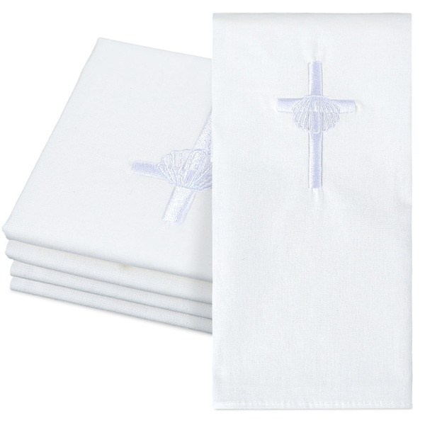 Tudomro 6 Pcs Cross & Shell Baptismal Napkin with Embroidered Christian Baptism Towel Embroidered Baptismal Napkin White Christening Cloth with Cross for Church Home Candidate 12 x 12 Inch (Sliver)