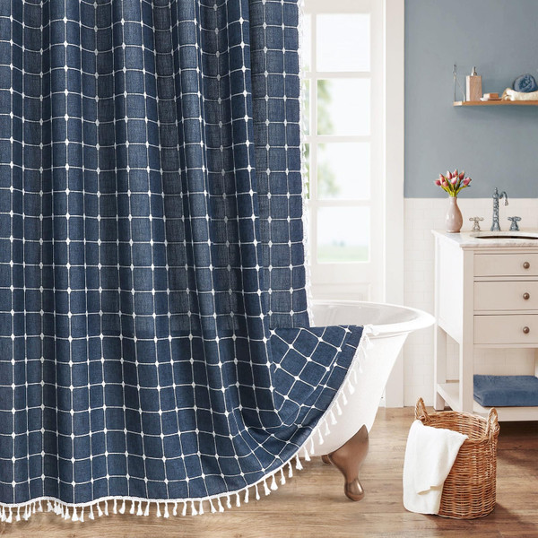 Boho Farmhouse Classic Plaid Linen Tassel Shower Curtain Navy Blue,72x84