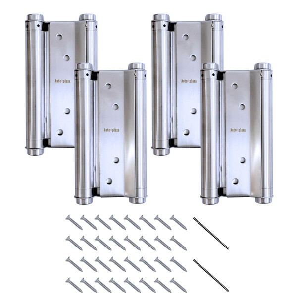 2 Pairs (4Pcs) of 6" Heavy Duty Stainless Steel Cafe Saloon Door Swing Self Closing Double Action Spring Hinges (Silver)