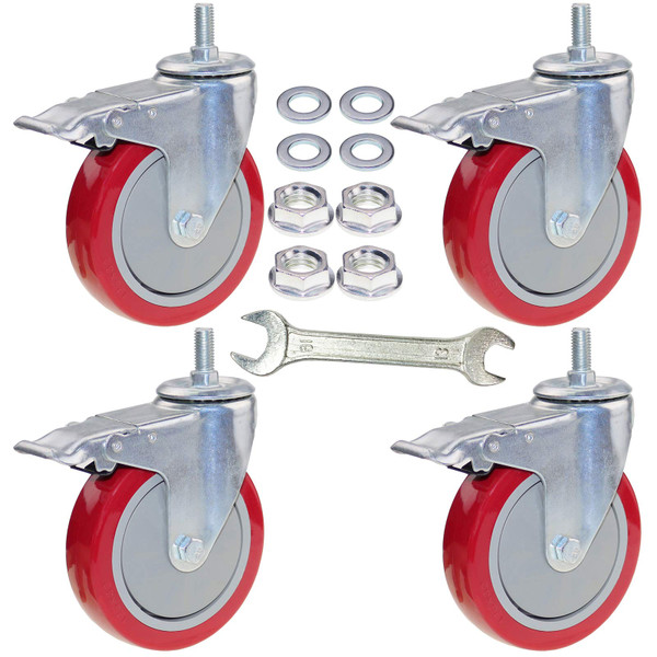 DICASAL 5 Inch Heavy Duty Stem Casters 360 Degree Swivel Thread Wheels with Metric Size M12-1.75 Screw Bolt Double Locking Brake Castor Wheel Load Capacity Upto 1200 Lbs Pack of Four