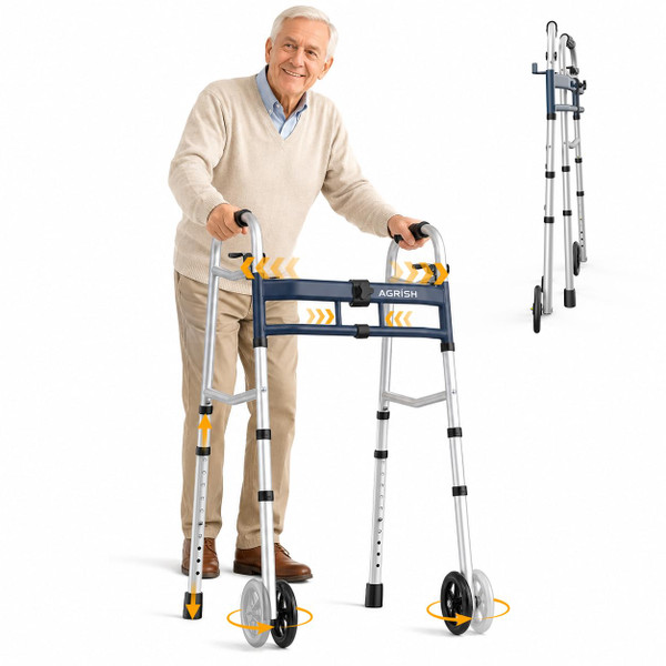 Narrow Walkers for Seniors, Folding Walker with 5 Inch Wheels for Small Spaces, Adjustable Width & Height, Lightweight Standard Walkers for Elderly, 350 lbs Support, Navy Blue