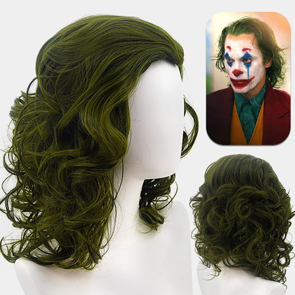 cedarol Men's Movie Joker Short Green Clown Wig Semi-long Wavy Wig Synthetic Hair Halloween Cosplay Costume Curly Wig for Men Boys